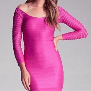 Bebe Ellie Off-The-Shoulder Perforated Bandage Shine Dress in Fuchsia Pink